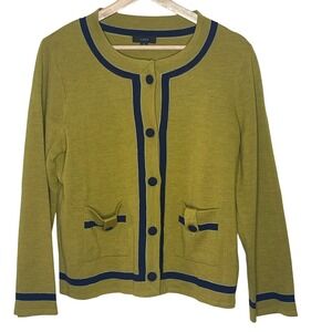 J. Crew Cardigan Sweater Mustard Yellow  Navy Trim Bow Pockets Button Up M
